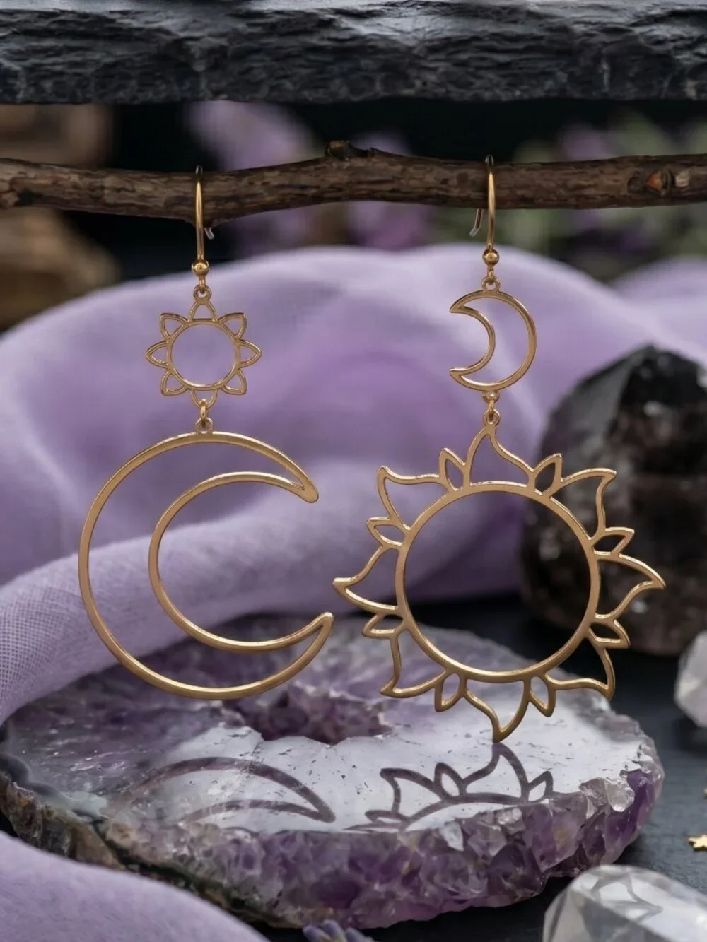 Sun Moon Mismatched Dangle Earrings Gold Celestial Cutout Boho Whimsigoth 3